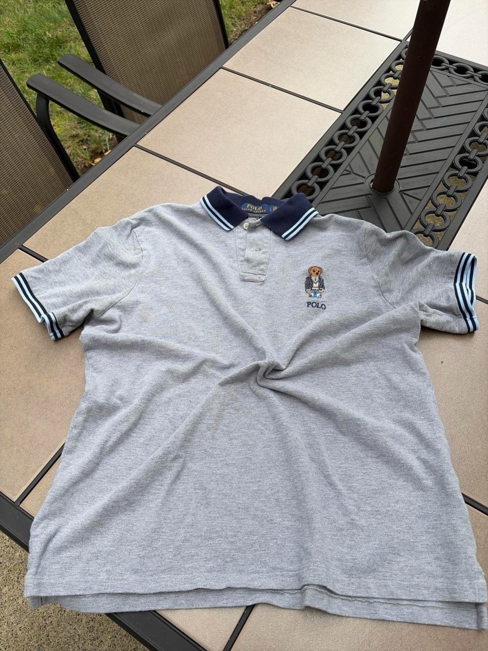 Polo by Ralph Lauren Men’s Light Gray Polo with Navy Trim and Bear Embroidery
